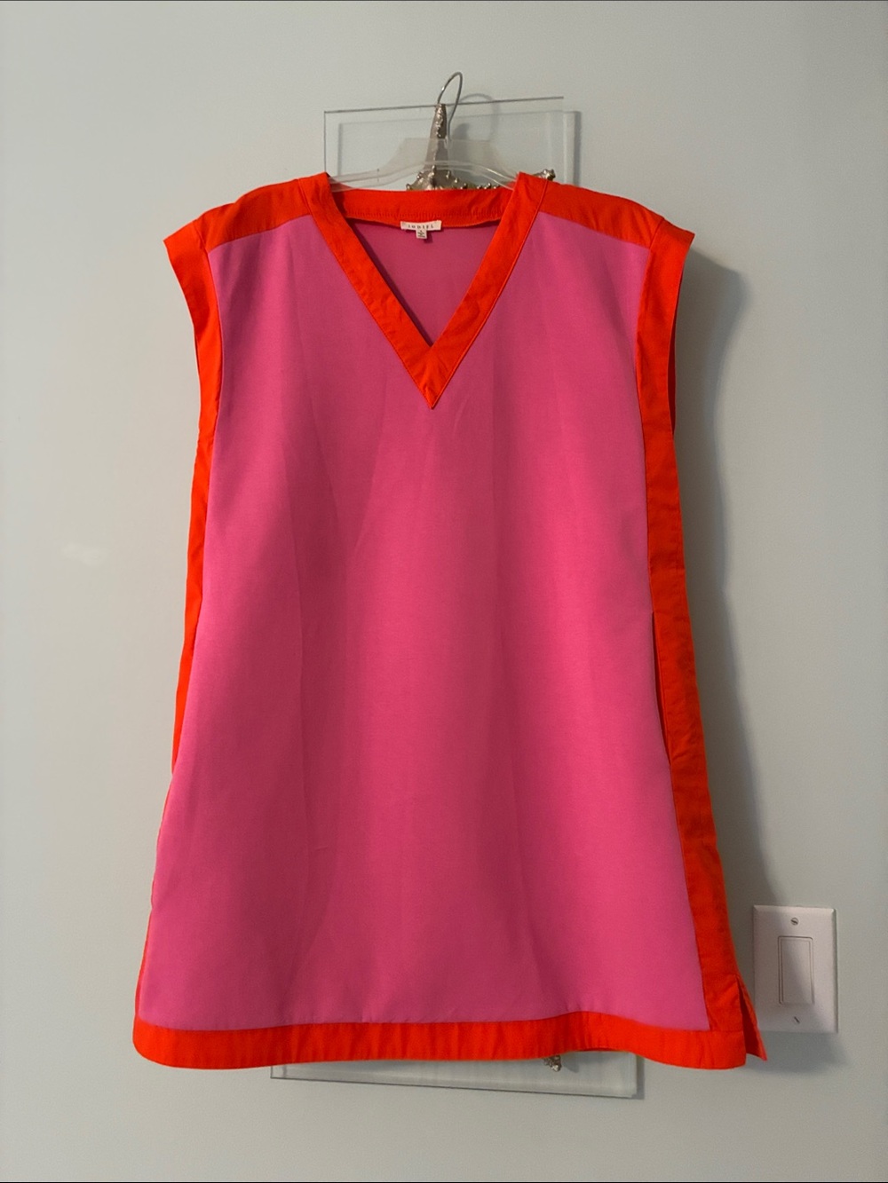 JODIFL Pink Dress with Orange Trim V-Neck. Size S.